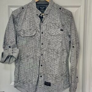 Marc Ecko Mens M Button Up Shirt Gray Cut & Sew Urban Streetwear Pocket Roll Up